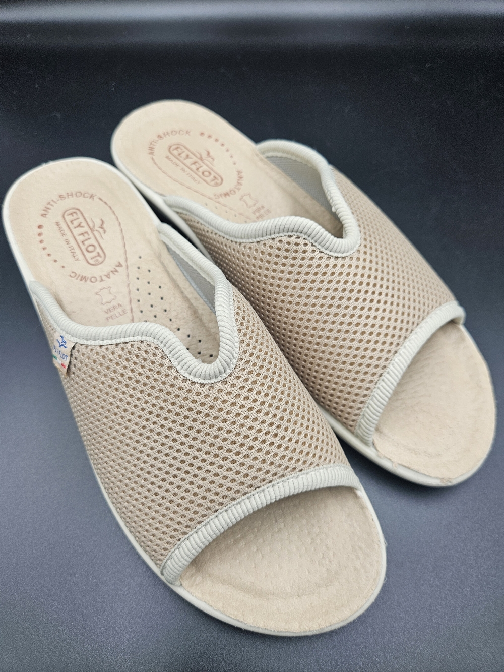 Fly Flot Beige Mesh Slide Sandals Comfort Slip On Anti-Shock Made in Italy 39